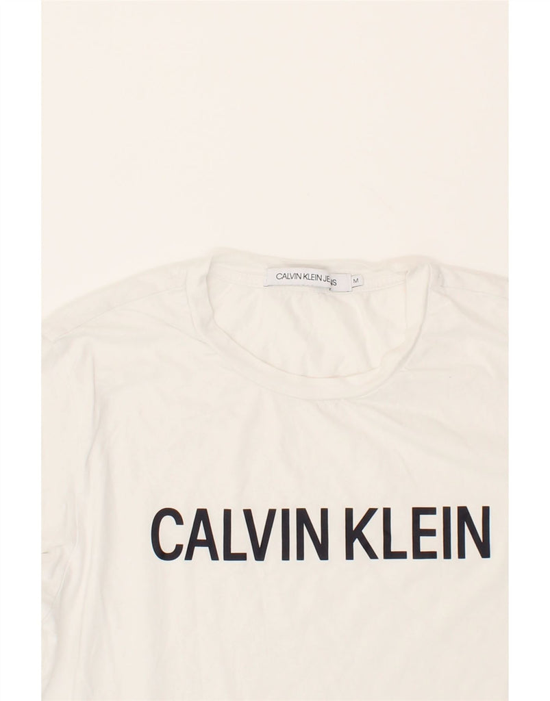 CALVIN KLEIN JEANS Mens Graphic T-Shirt Top Medium White Cotton Vintage Calvin Klein Jeans and Second-Hand Calvin Klein Jeans from Messina Hembry 