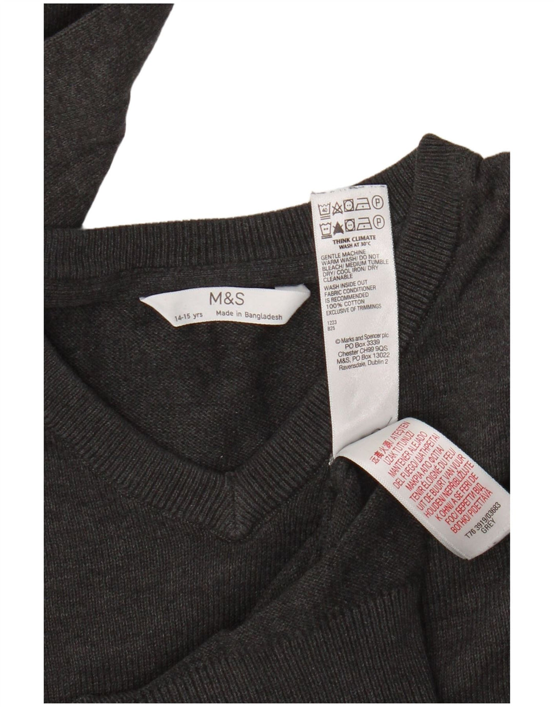 Marks & Spencer Boys V-Neck Jumper Sweater 14-15 Years Grey Cotton