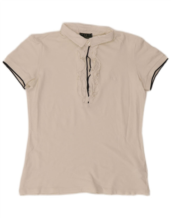 Fred Perry Womens Ruffle Front Polo Shirt UK 10 Small White Cotton