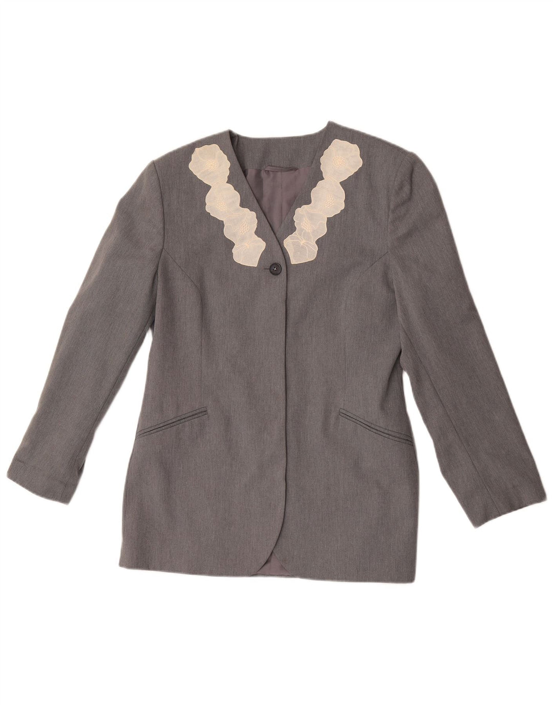 Vintage Womens 1 Button Blazer Jacket UK 12 Medium Grey Floral Polyester