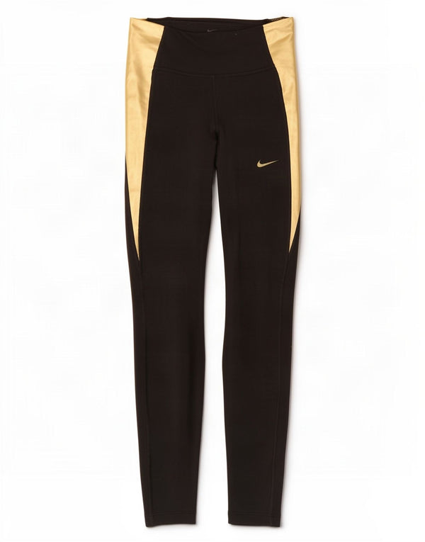 Nike Womens Dri Fit Leggings UK 4 XS Black Colourblock Cotton