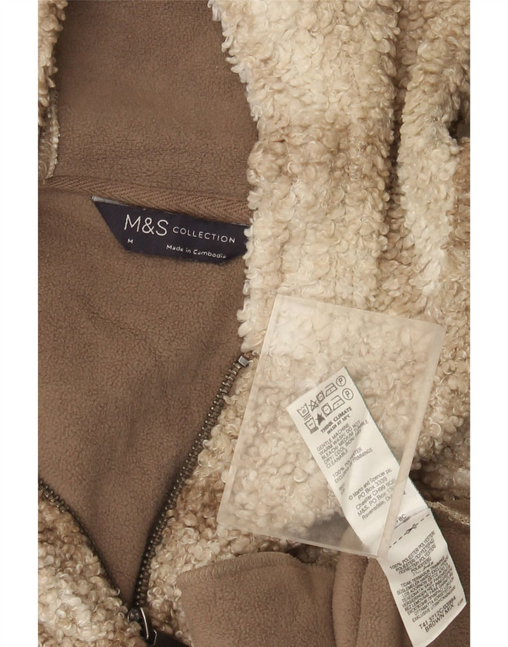 Marks & Spencer Womens Zip Neck Fleece Jumper UK 14 Medium Brown Check