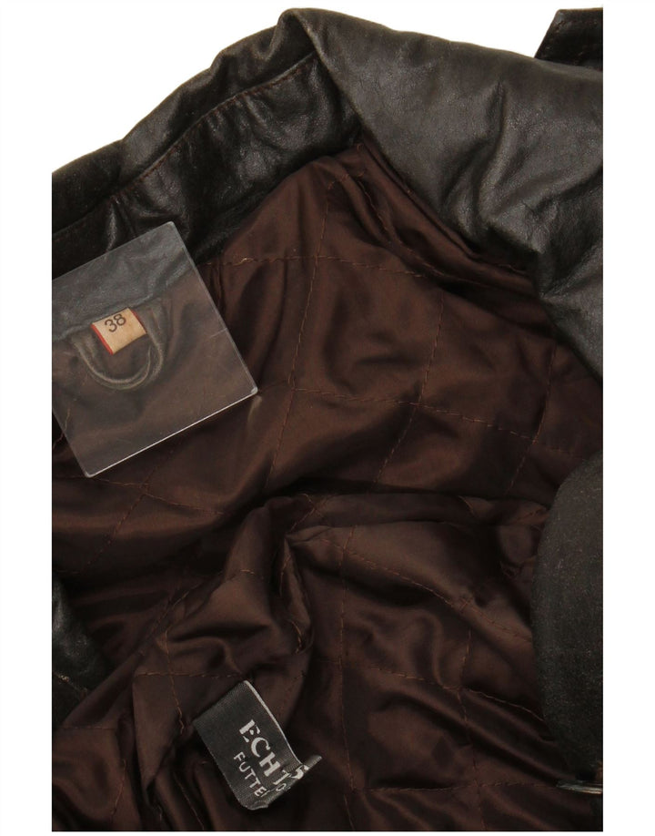 VINTAGE Womens Double Breasted Leather Coat EU 38 Medium Brown Leather