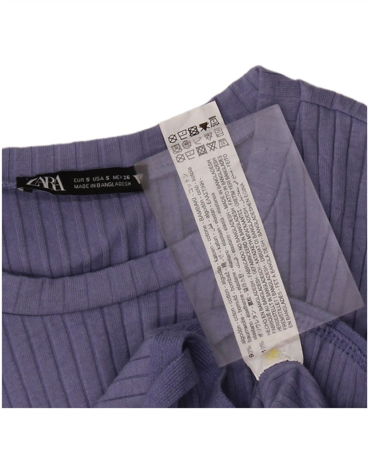 Zara Womens Crop Top Long Sleeve UK 10 Small Blue Cotton