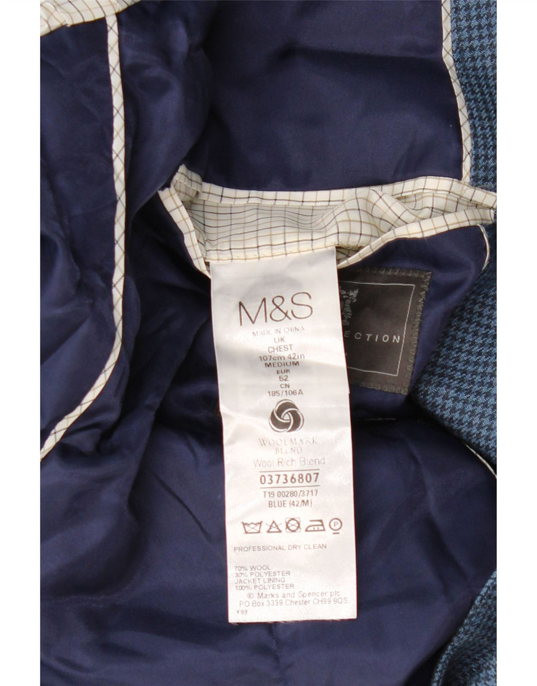 MARKS & SPENCER Mens 2 Button Blazer Jacket EU 52 XL Navy Blue Houndstooth