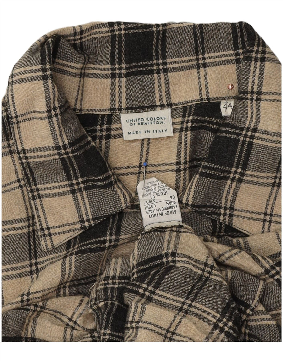 Benetton Womens Shirt IT 44 Medium Beige Plaid Viscose