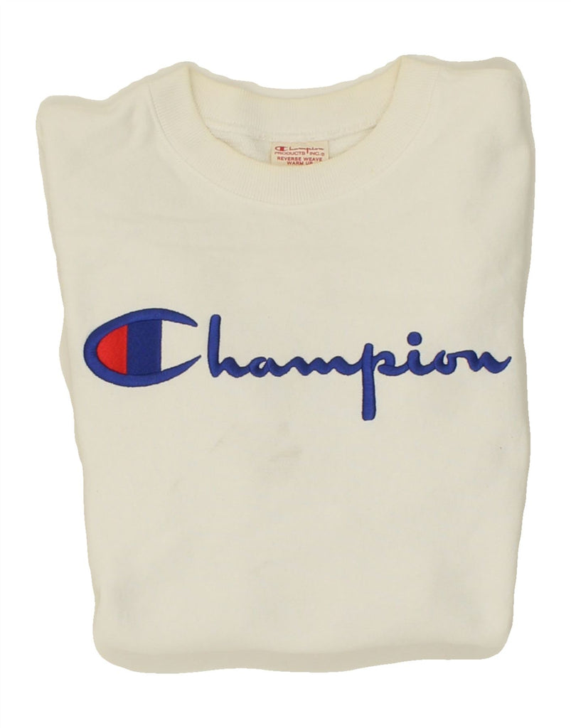 CHAMPION Womens Graphic Sweatshirt Jumper UK 14 Medium White Cotton | Vintage Champion | Thrift | Second-Hand Champion | Used Clothing | Messina Hembry 