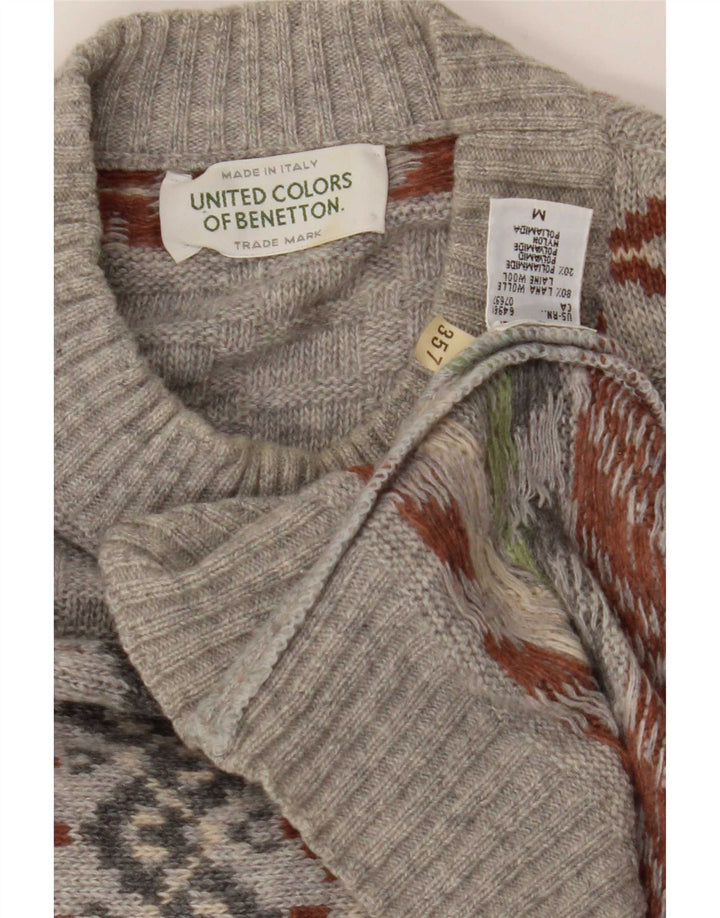 Benetton Mens Crew Neck Jumper Sweater Medium Grey Fair Isle Wool
