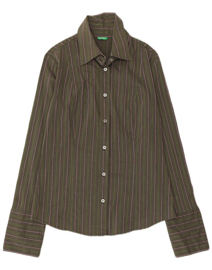 Benetton Womens Shirt UK 14 Large Green Striped Cotton