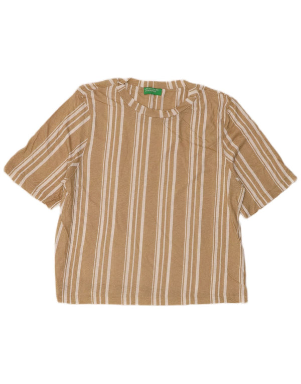 Benetton Womens Crop T-Shirt Top UK 14 Medium Beige Striped Cotton