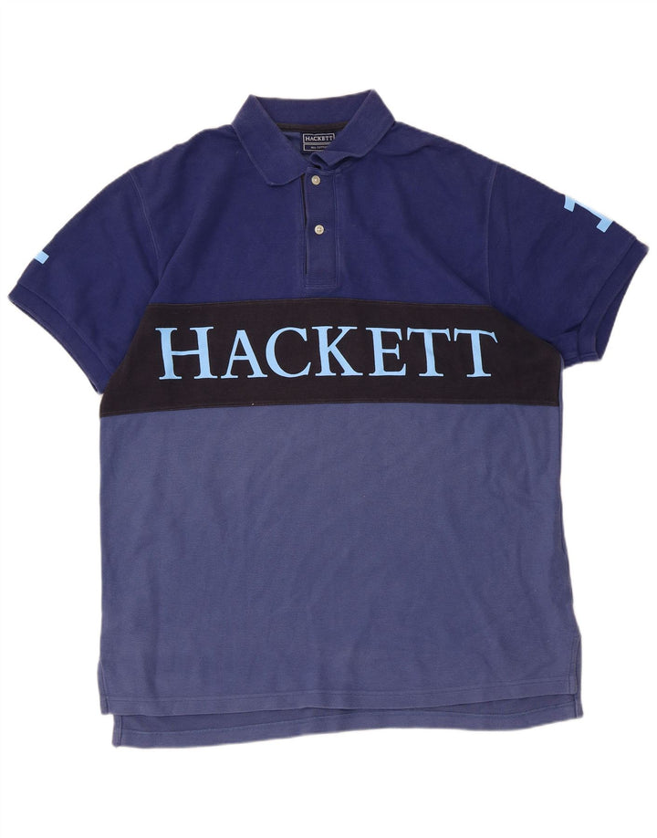 Hackett Mens Graphic Polo Shirt Large Navy Blue Colourblock Cotton