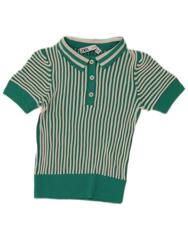 Zara Womens Crop Polo Shirt UK 8 Small Green Striped Viscose