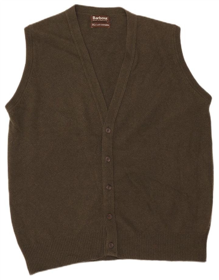 Barbour Mens Sleeveless Cardigan Sweater Large Khaki Wool