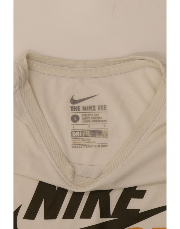 NIKE Mens Athletic Cut Graphic T-Shirt Top Large Off White Cotton Vintage Nike and Second-Hand Nike from Messina Hembry 