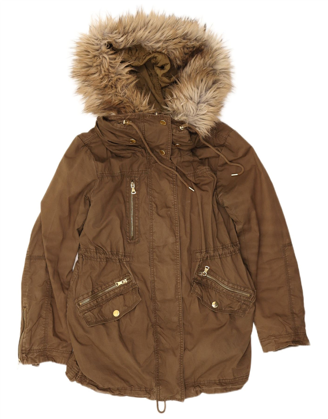 Zara Womens Hooded Parka Jacket UK 14 Medium Khaki Polyester