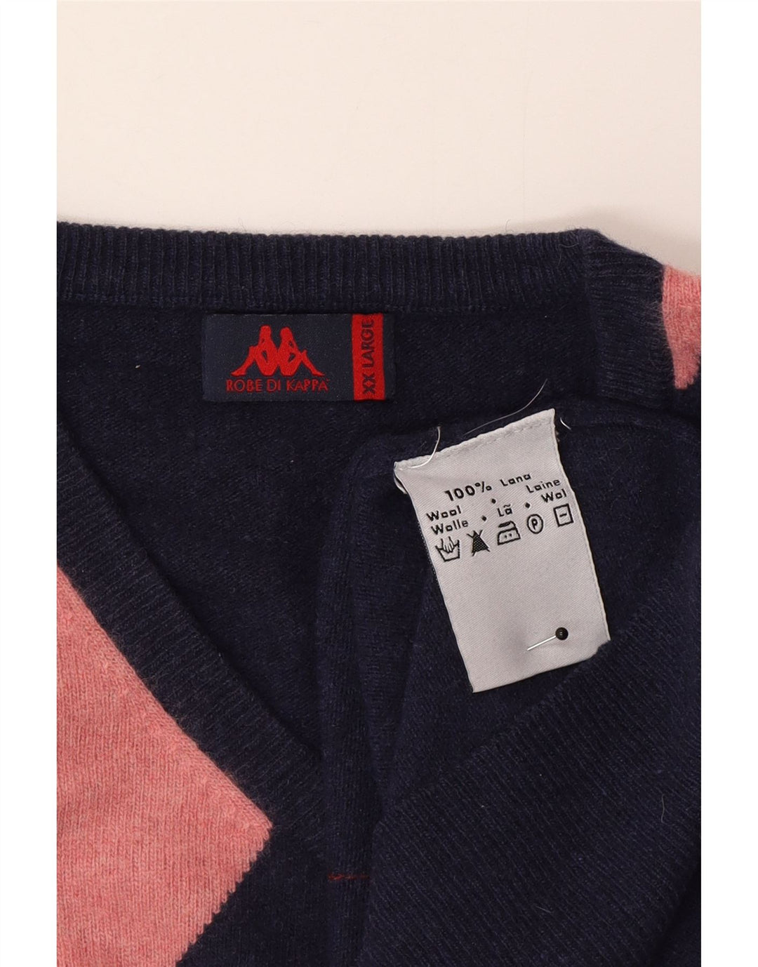 Kappa Mens V-Neck Jumper Sweater 2XL Navy Blue Argyle/Diamond Wool
