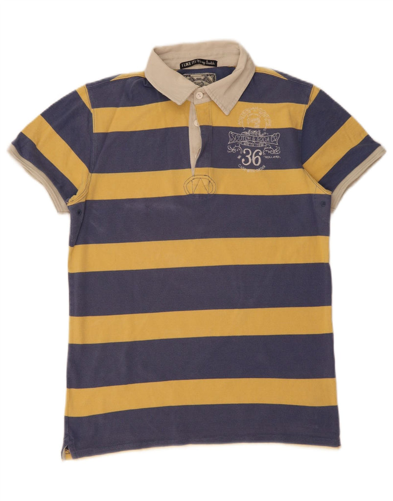 SCOTCH & SODA Mens Rugby Polo Shirt Large Navy Blue Striped Cotton Vintage Scotch & Soda and Second-Hand Scotch & Soda from Messina Hembry 