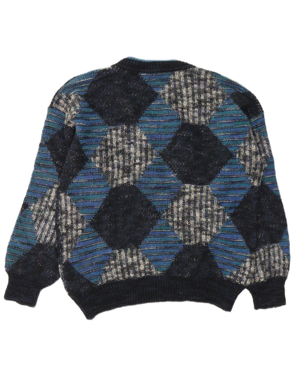 Vintage Mens V-Neck Jumper Sweater IT 48 Medium Blue Argyle/Diamond Wool