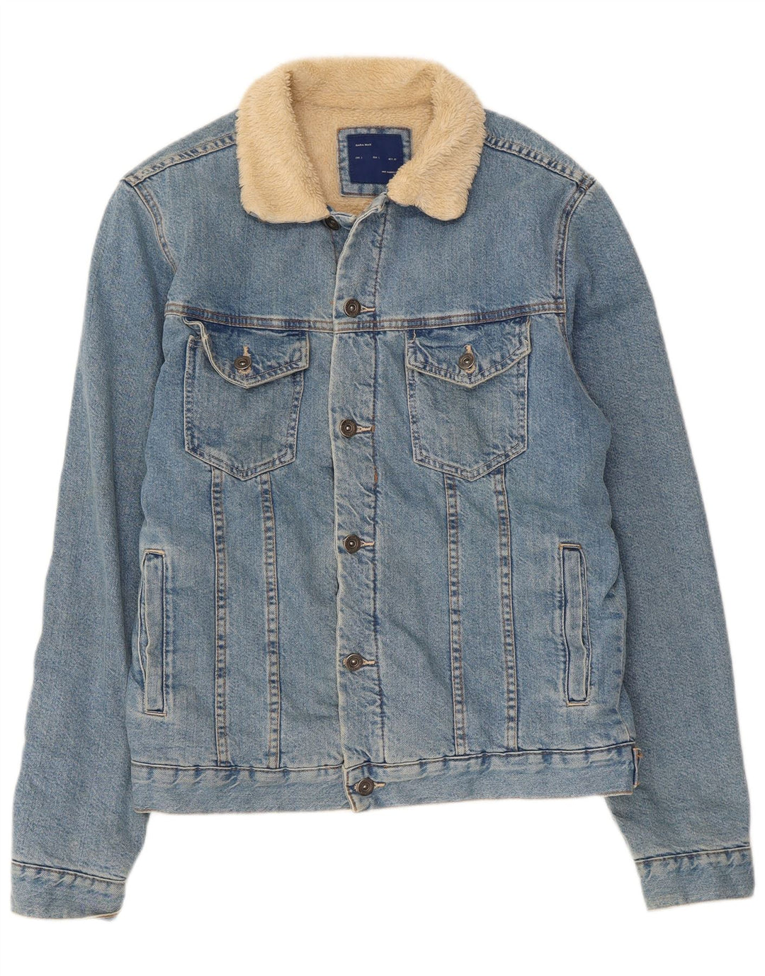 Zara Mens Sherpa Denim Jacket UK 40 Large Blue Cotton