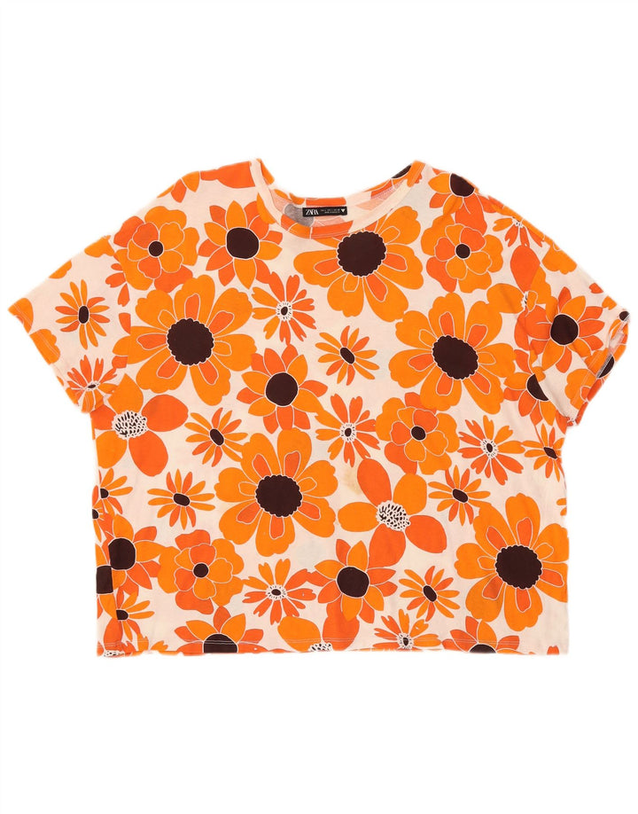 ZARA Womens T-Shirt Top UK 16 Large Orange Floral