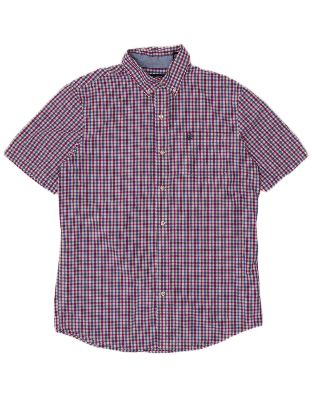 CHAPS Mens Easy Care Short Sleeve Shirt Medium Blue Gingham Cotton