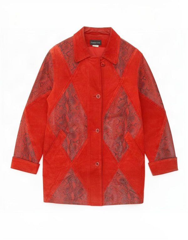 Vintage Womens Suede Relaxed Fit Overcoat UK 10 Small Red Animal Print