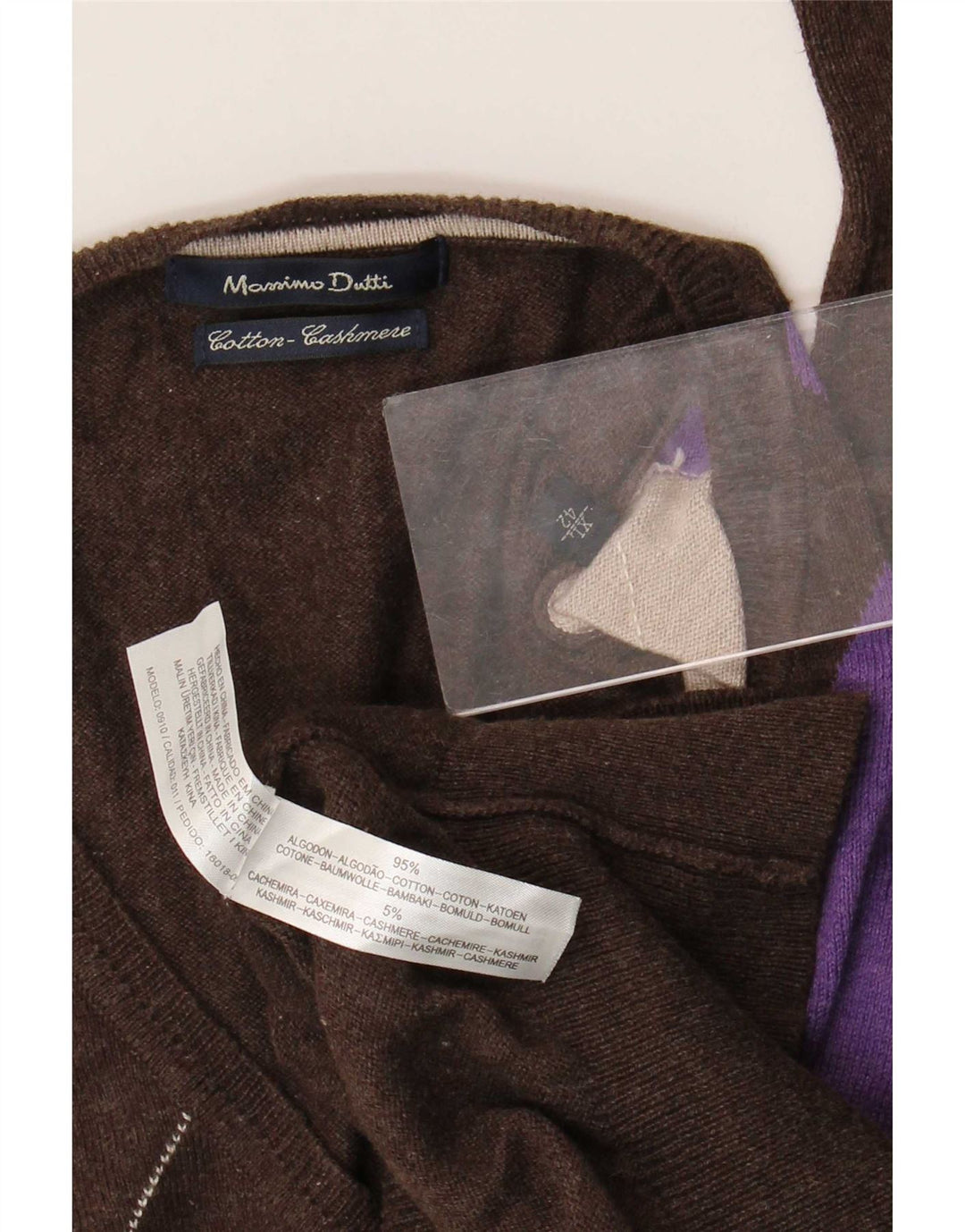 Massimo Dutti Mens V-Neck Jumper Sweater XL Brown Argyle/Diamond Cotton