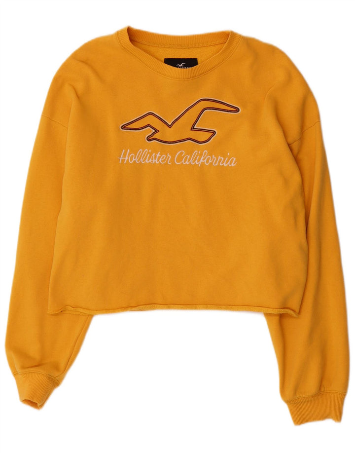 HOLLISTER Womens Crop Graphic Sweatshirt Jumper UK 14 Medium Yellow Cotton