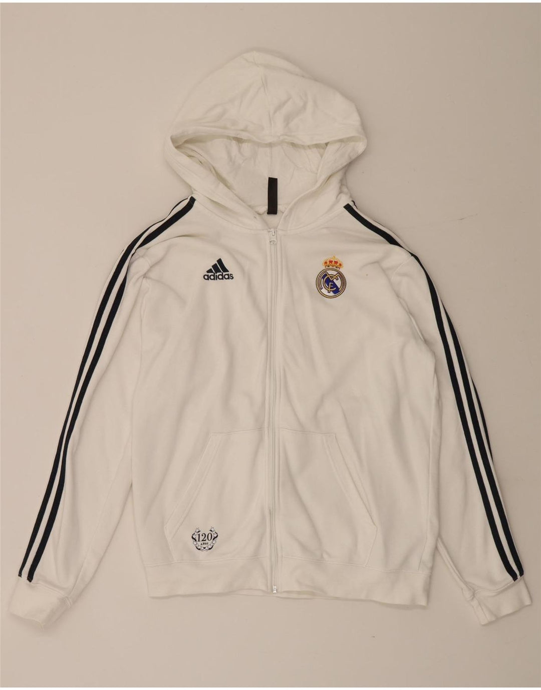 Adidas Mens Real Madrid Zip Hoodie Sweater Medium White Cotton