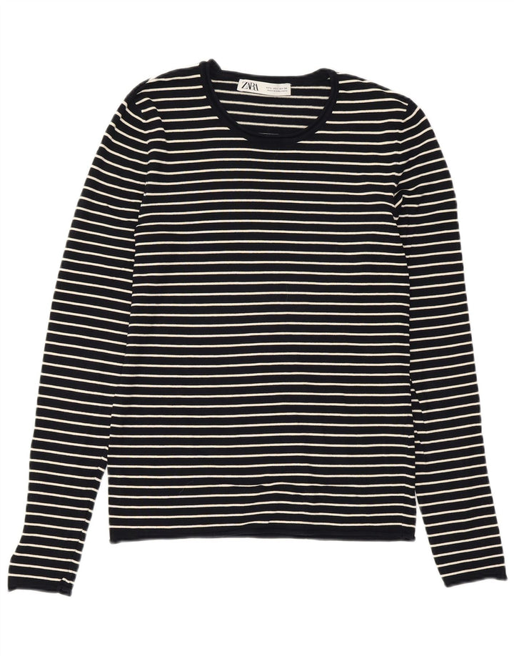 ZARA Womens Crew Neck Jumper Sweater UK 14 Large Navy Blue Striped Viscose