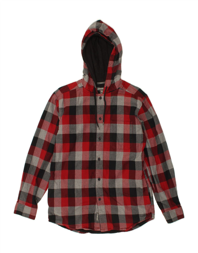 EDDIE BAUER Mens Overshirt Hooded Flannel Shirt Small Red Check Cotton | Vintage Eddie Bauer | Thrift | Second-Hand Eddie Bauer | Used Clothing | Messina Hembry 