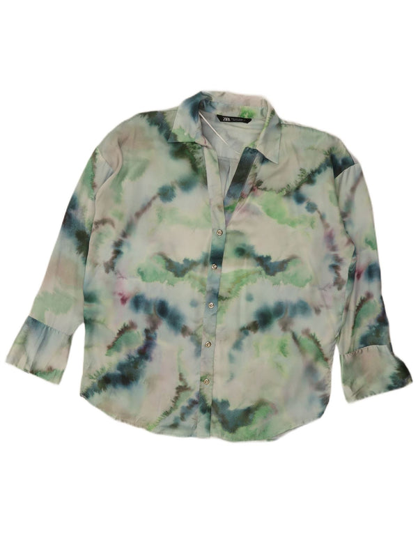 Zara Womens Oversized Shirt Blouse UK 14 Medium Green Tie Dye Polyester