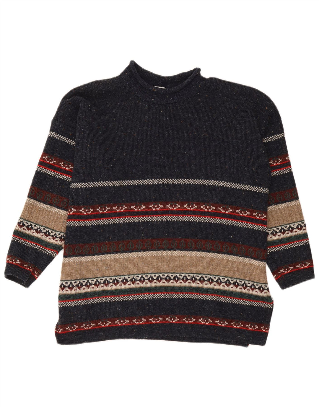 Vintage Mens Turtle Neck Jumper Sweater Medium Navy Blue Striped Acrylic