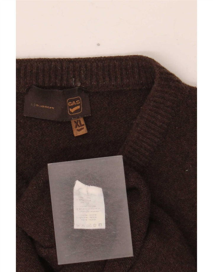Gas Mens V-Neck Jumper Sweater XL Brown Wool