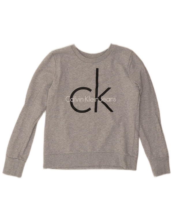 CALVIN KLEIN JEANS Womens Crop Graphic Sweatshirt Jumper UK 10 Small Grey