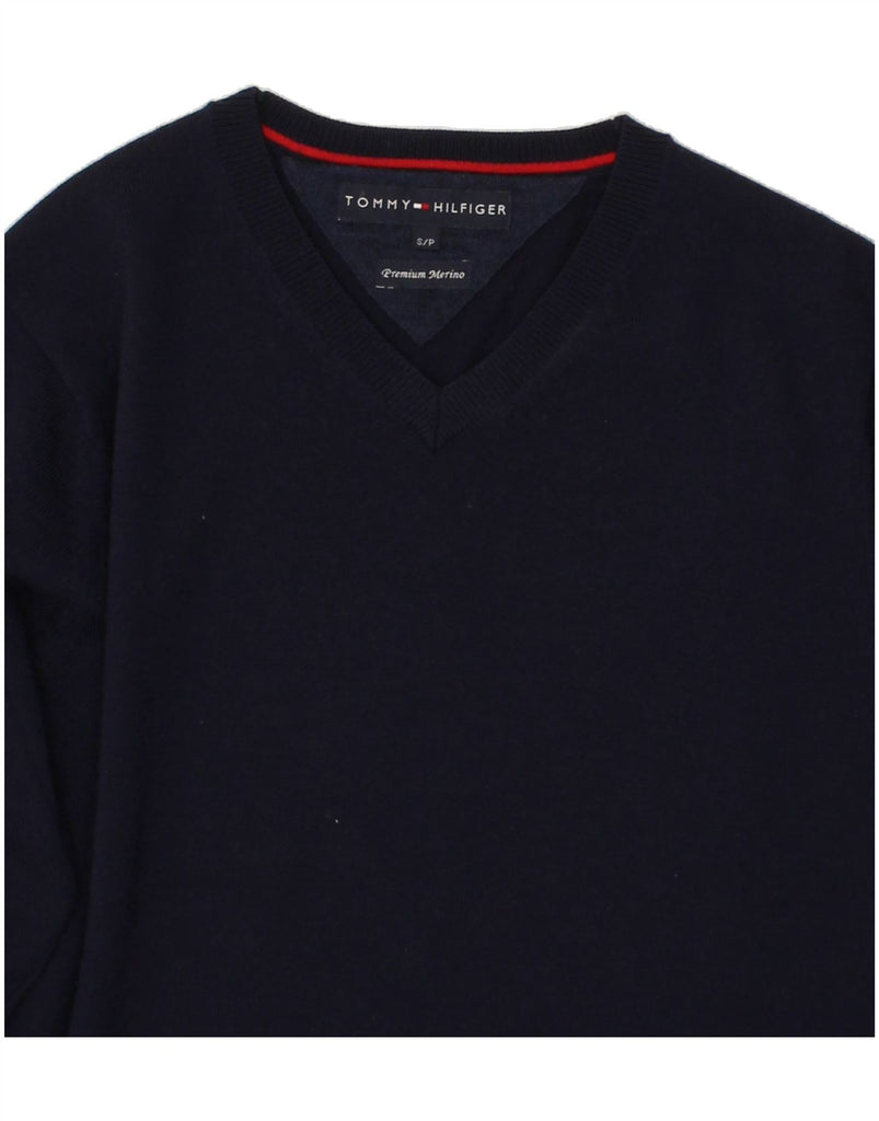 TOMMY HILFIGER Mens V-Neck Jumper Sweater Small Navy Blue Merino Wool Vintage Tommy Hilfiger and Second-Hand Tommy Hilfiger from Messina Hembry 