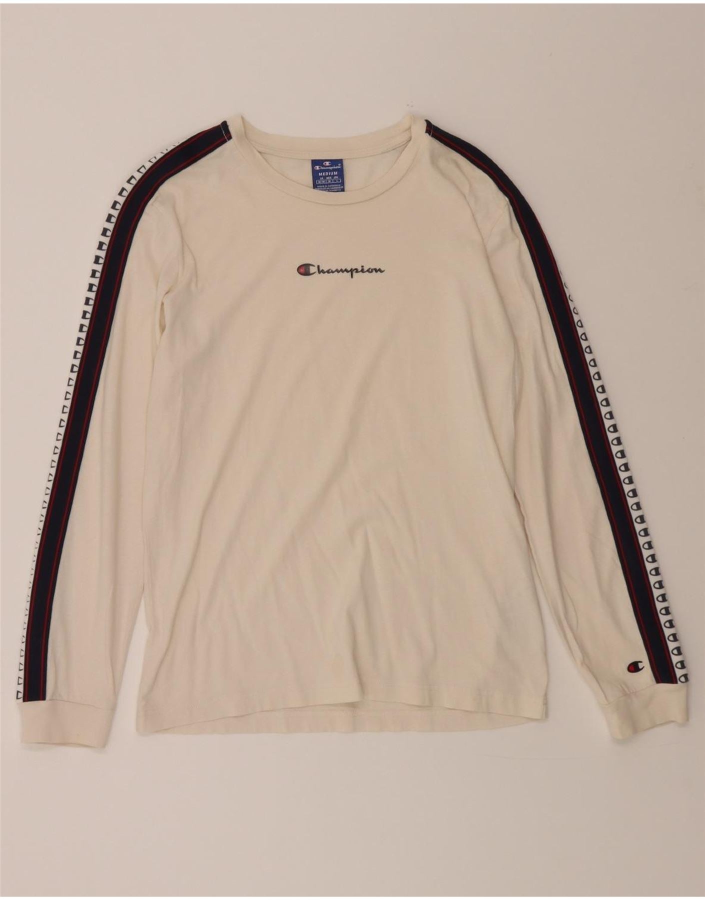 CHAMPION Mens Graphic Top Long Sleeve Medium Off White Colourblock