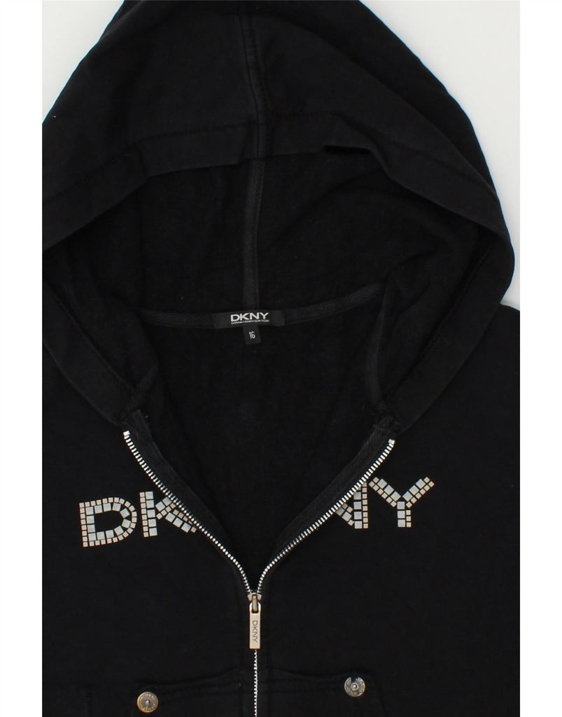 DKNY Girls Crop Graphic Zip Hoodie Sweater 15-16 Years Black Cotton | Vintage Dkny | Thrift | Second-Hand Dkny | Used Clothing | Messina Hembry 
