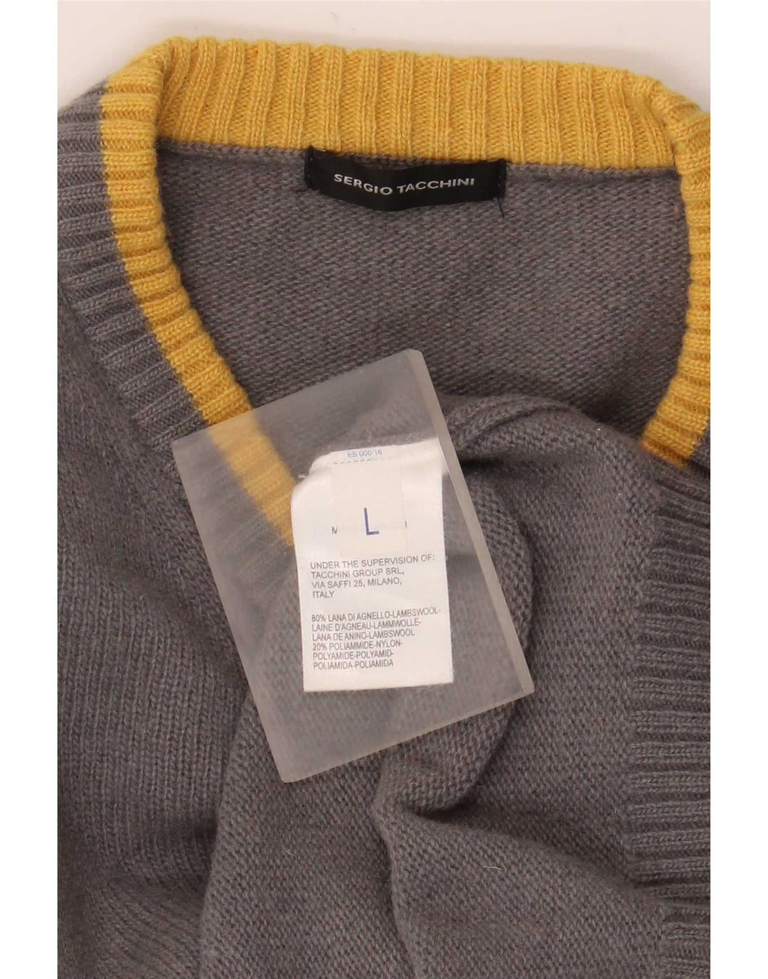 Sergio Tacchini Mens V-Neck Jumper Sweater Large Grey Striped Wool