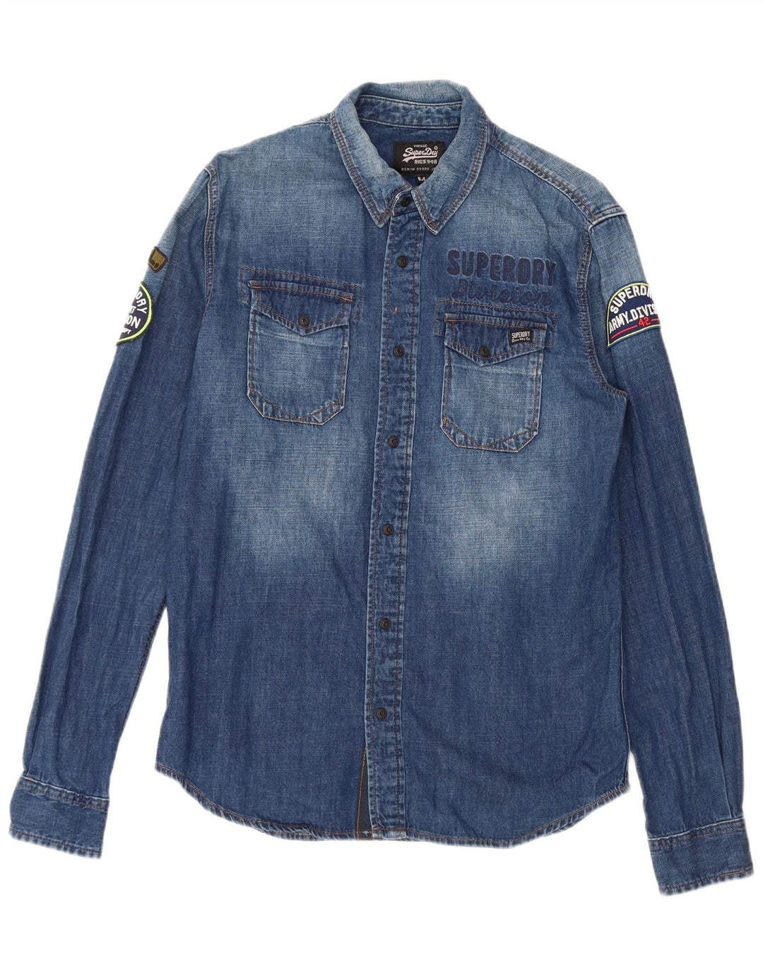 Superdry Mens Graphic Denim Shirt Medium Blue Cotton