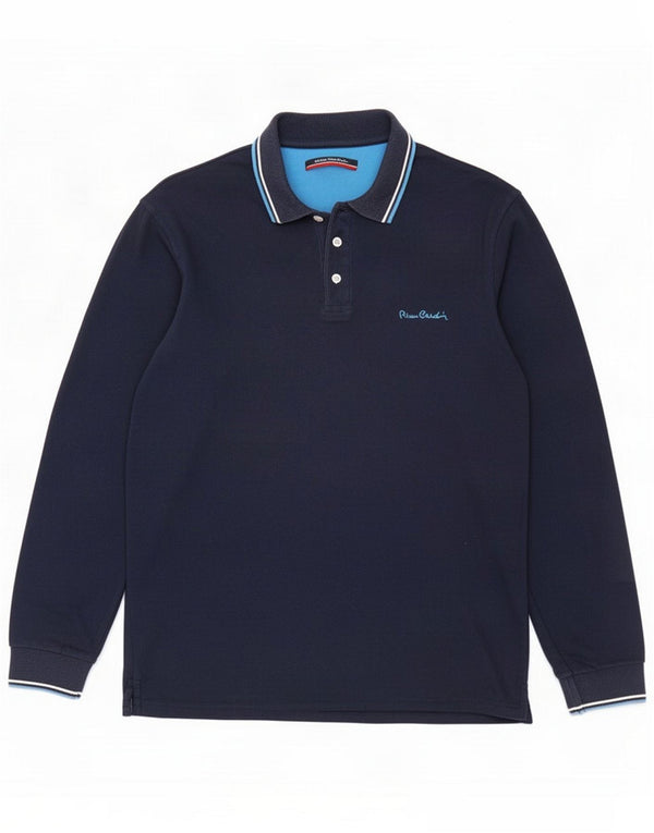 Pierre Cardin Mens Long Sleeve Polo Shirt Large Navy Blue Striped