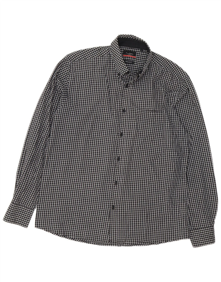PIERRE CARDIN Mens Regular Fit Shirt Large Black Gingham Polyester