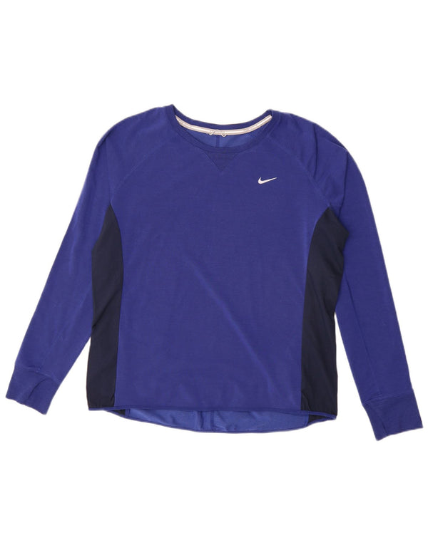 Nike Womens Dri Fit Top Long Sleeve UK 16 Large Blue Colourblock Lyocell
