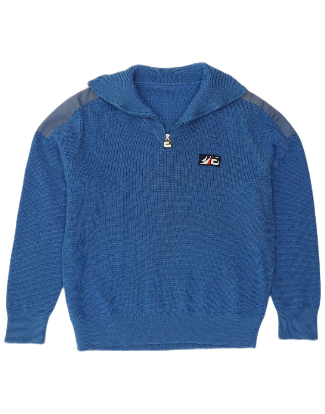 Vintage Mens Zip Neck Jumper Sweater Large Blue Colourblock