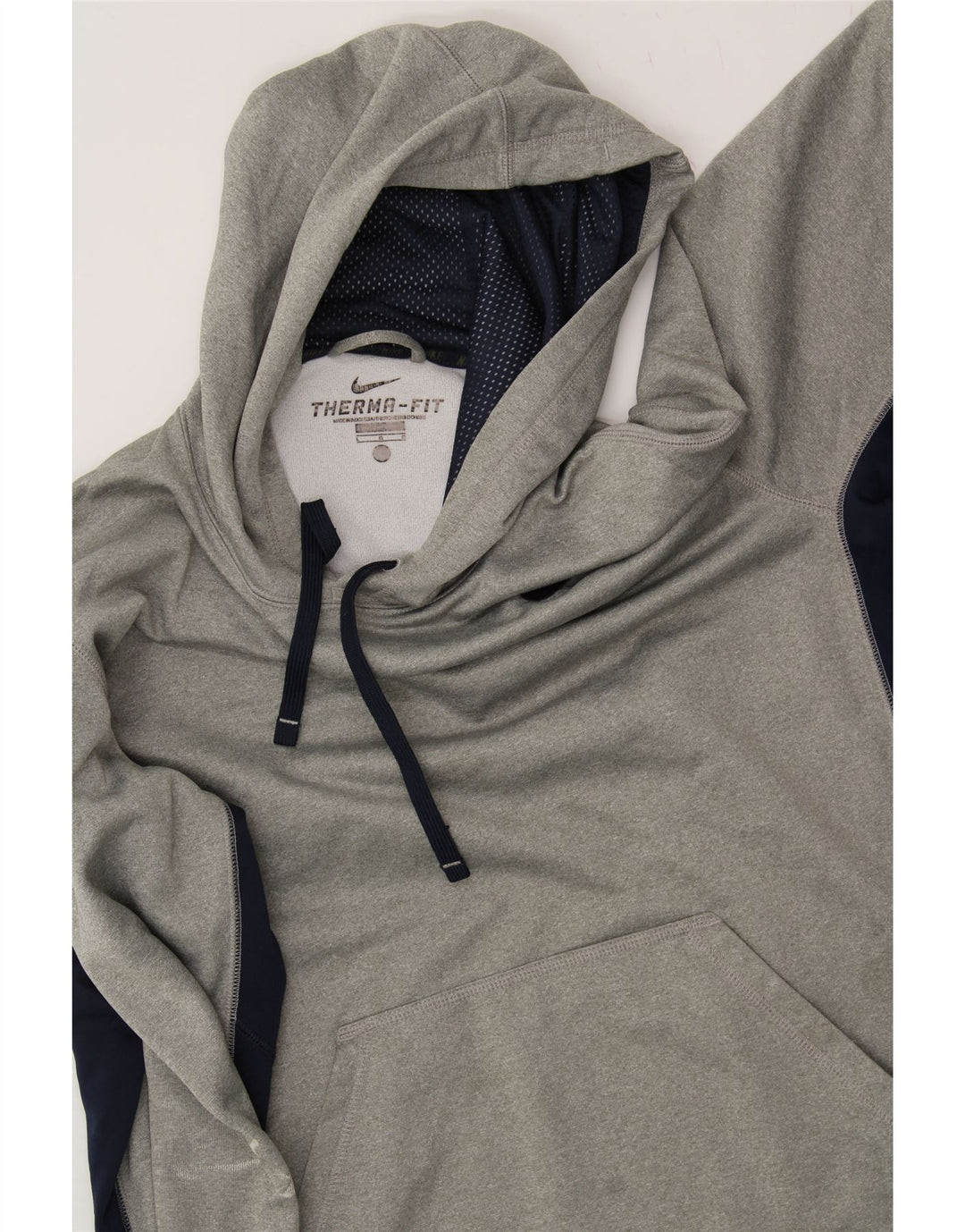 NIKE Mens Therma-Fit Hoodie Jumper Large Grey Colourblock Polyester Vintage Nike and Second-Hand Nike from Messina Hembry 