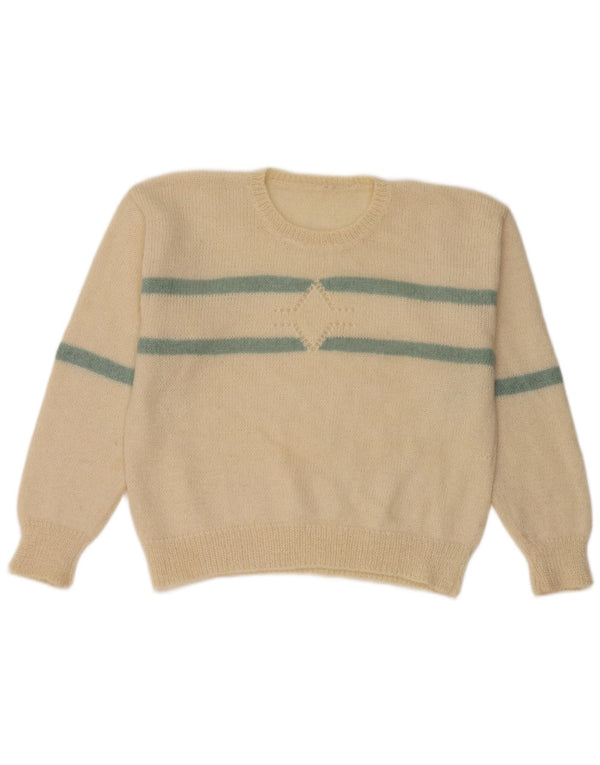 Vintage Womens Crew Neck Jumper Sweater UK 14 Medium Off White Striped