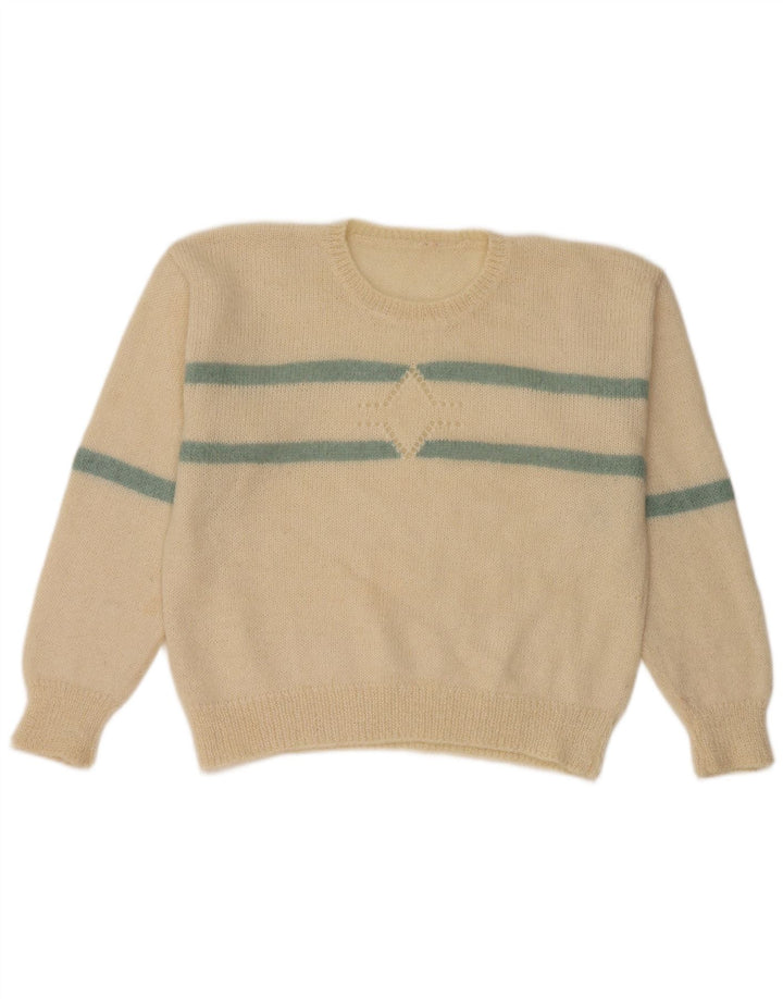 Vintage Womens Crew Neck Jumper Sweater UK 14 Medium Off White Striped