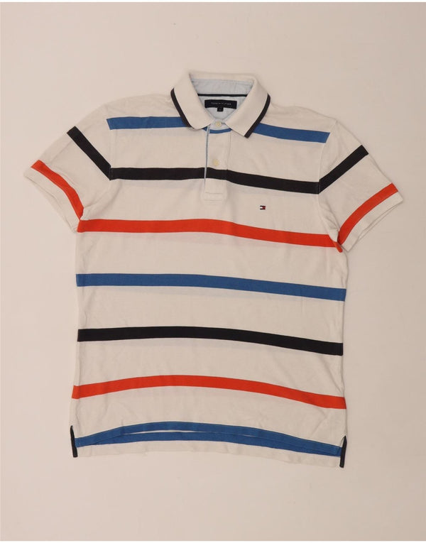 TOMMY HILFIGER Mens Polo Shirt Large White Striped Cotton