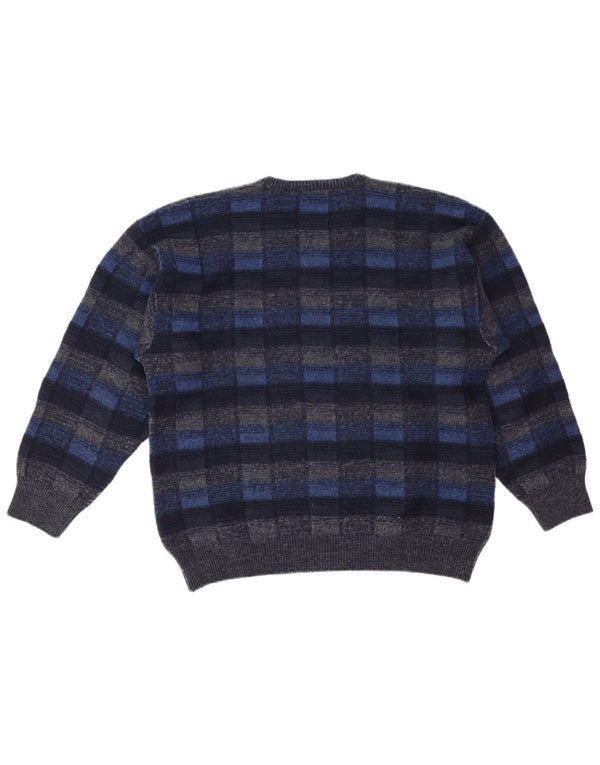 FAIRBANKS Mens V-Neck Jumper Sweater IT 56 XL Navy Blue Check Virgin Wool