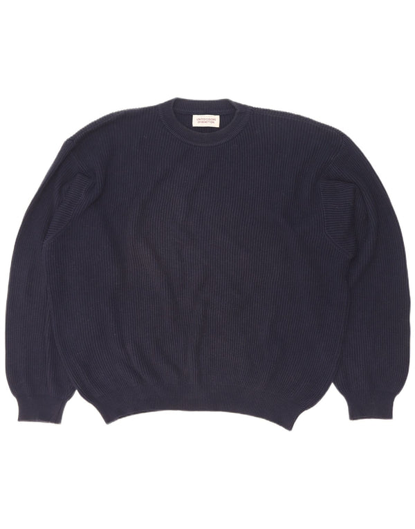 Benetton Mens Crew Neck Jumper Sweater Large Navy Blue Cotton